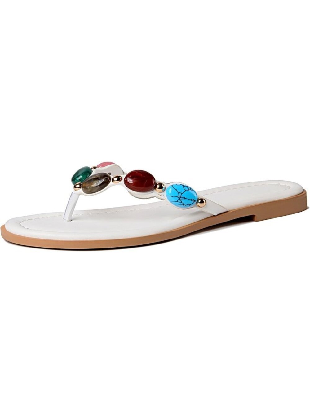 Women's White Polyurethane Open Round Toe Flip Flop Comfy Slip on Flats Sandals